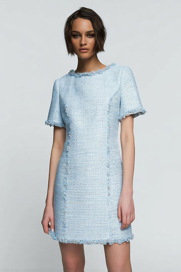 Sky Blue Bateau Neck Short Sleeve Tweed Work Dress